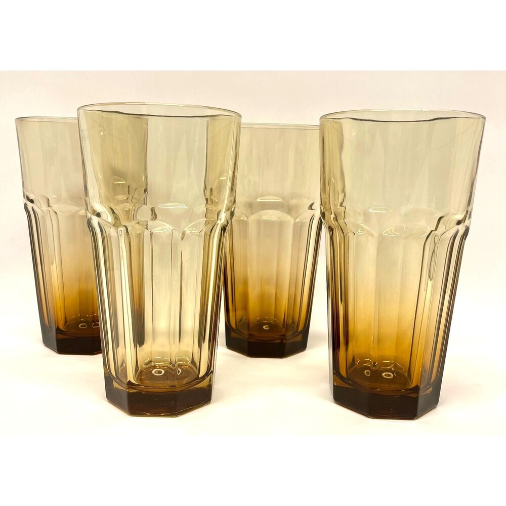Set 4 Libbey Facets Tawny Brown Amber 12 oz Tumblers Octagon Paneled Glass